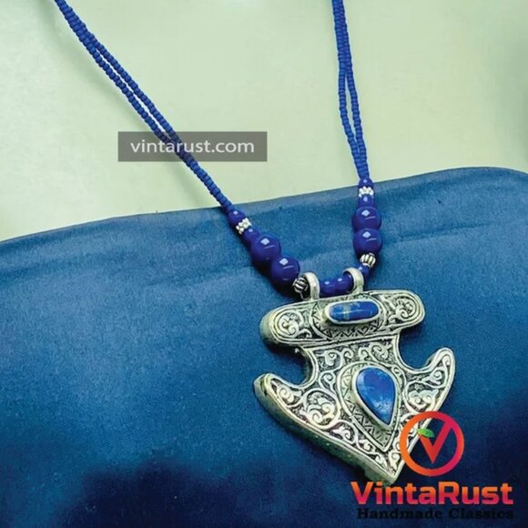 Handmade Lapis Lazuli Necklace, Tribal Beaded Chain Pendant Necklace, Gemstone - Picture 15 of 15